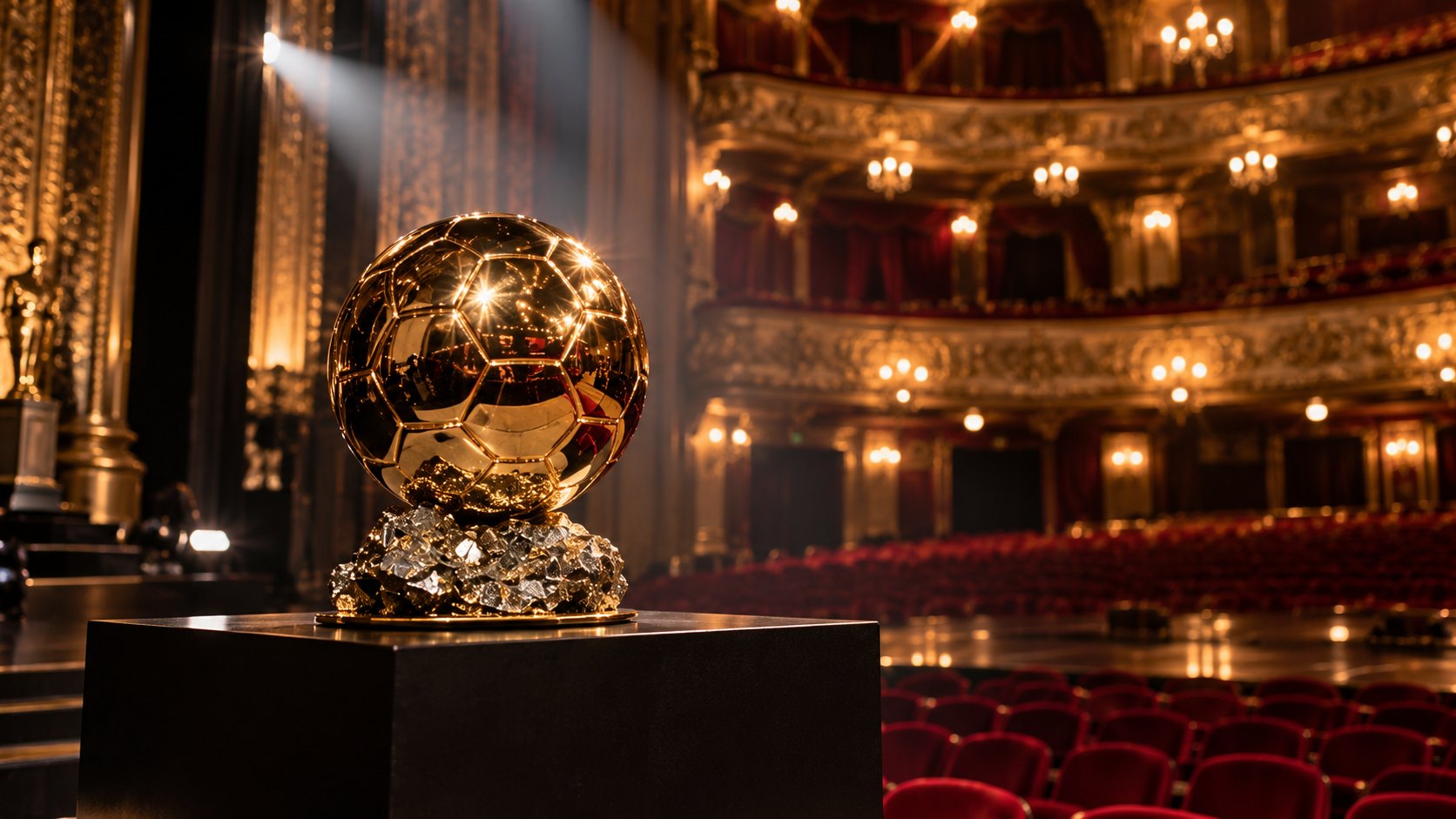 Ilustración editorial generada con IA: el trofeo dorado del Balón de Oro sobre un pedestal negro, iluminado por un cañón de luz en el escenario de un teatro histórico con butacas rojas y palcos dorados; composición representativa, no es una fotografía de la ceremonia.