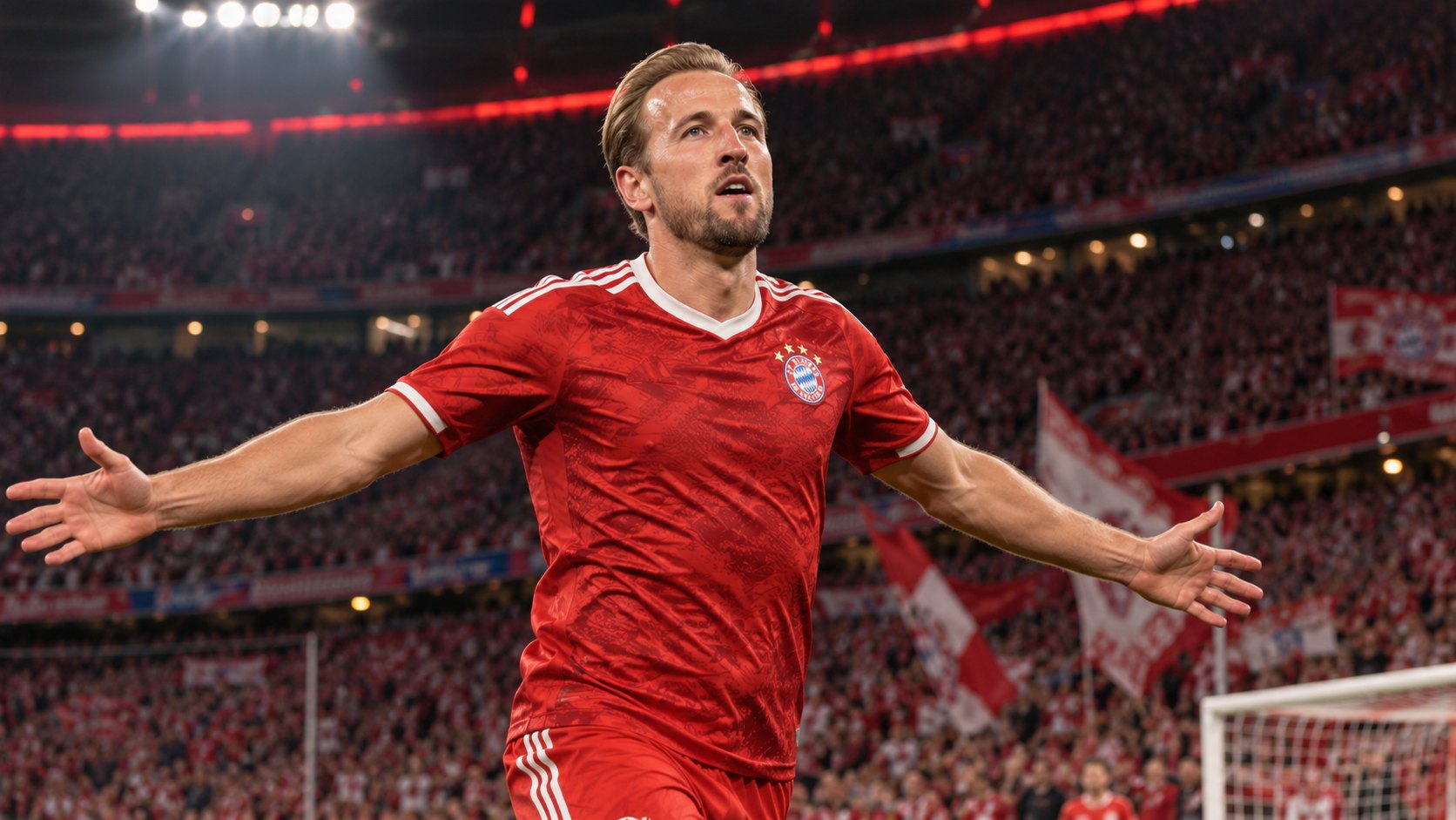 Ilustración editorial generada con IA: Harry Kane, con la camiseta roja del Bayern Múnich, celebra un gol con los brazos abiertos frente a una tribuna colmada de noche; composición representativa, no es una fotografía de un partido concreto.