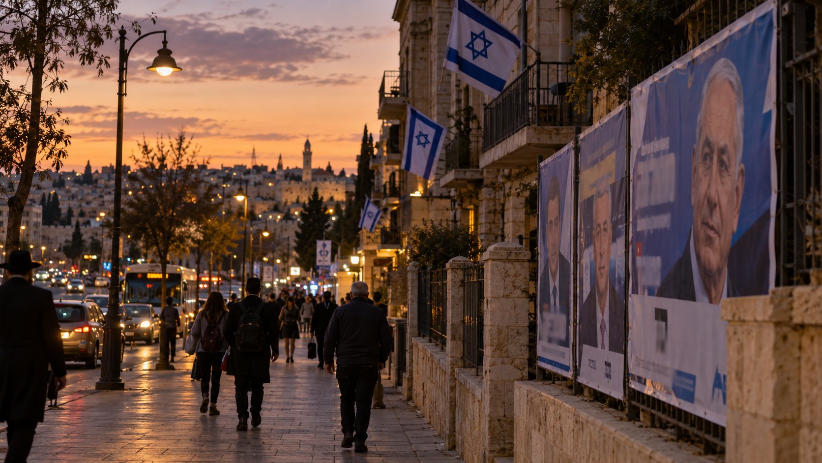 Ilustración editorial generada con IA: carteles de campaña electoral con retratos de candidatos y banderas de Israel en los balcones de una calle de Jerusalén al atardecer, con transeúntes; composición conceptual, no es una fotografía de un hecho documentado.