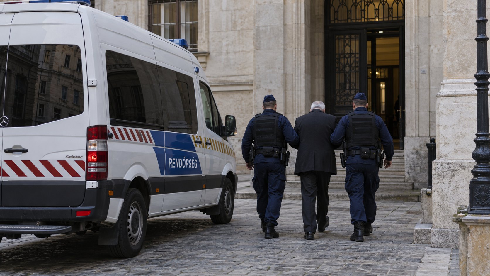 Ilustración editorial generada con IA: un hombre mayor de traje oscuro, visto de espaldas, escoltado por dos agentes de la policía húngara hacia la entrada de un edificio judicial de Budapest, junto a una camioneta policial de traslado; composición conceptual, no es una fotografía de Matolcsy ni de su detención.