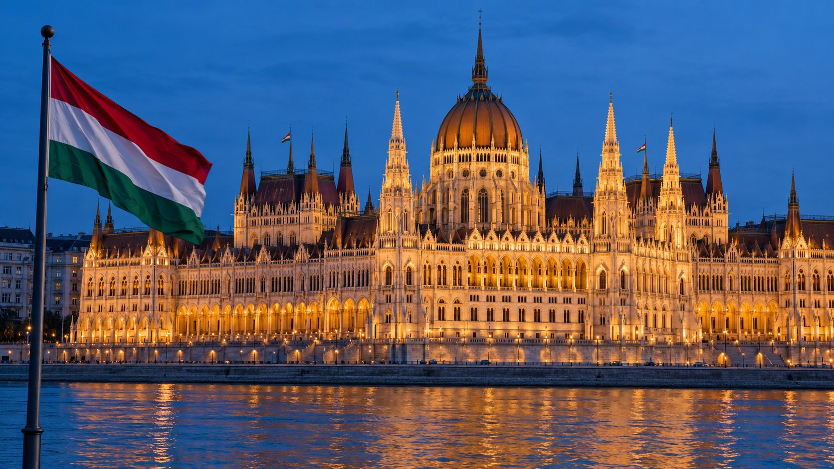 Ilustración editorial generada con IA: el edificio del Parlamento de Hungría a orillas del Danubio, en Budapest, a la hora azul, con una bandera húngara en primer plano; composición conceptual, no es una fotografía de un hecho real.