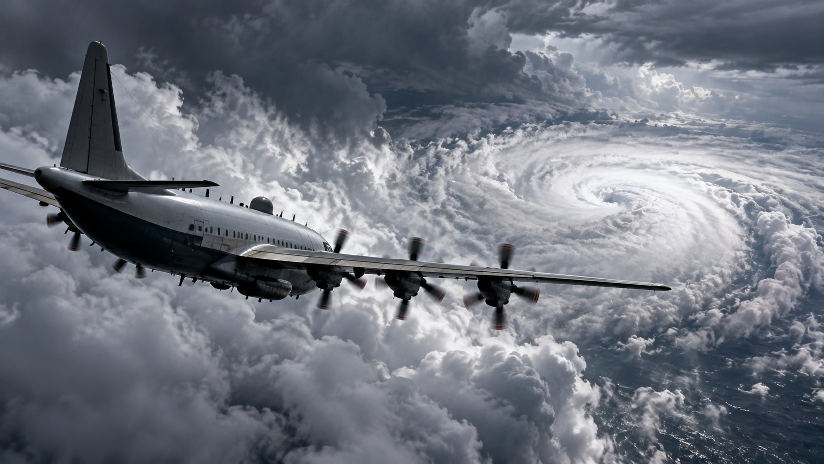 Ilustración editorial generada con IA: un avión cazahuracanes turbohélice vuela entre nubes densas de tormenta sobre el océano; composición conceptual, no es una fotografía de la misión que midió a Trudy.