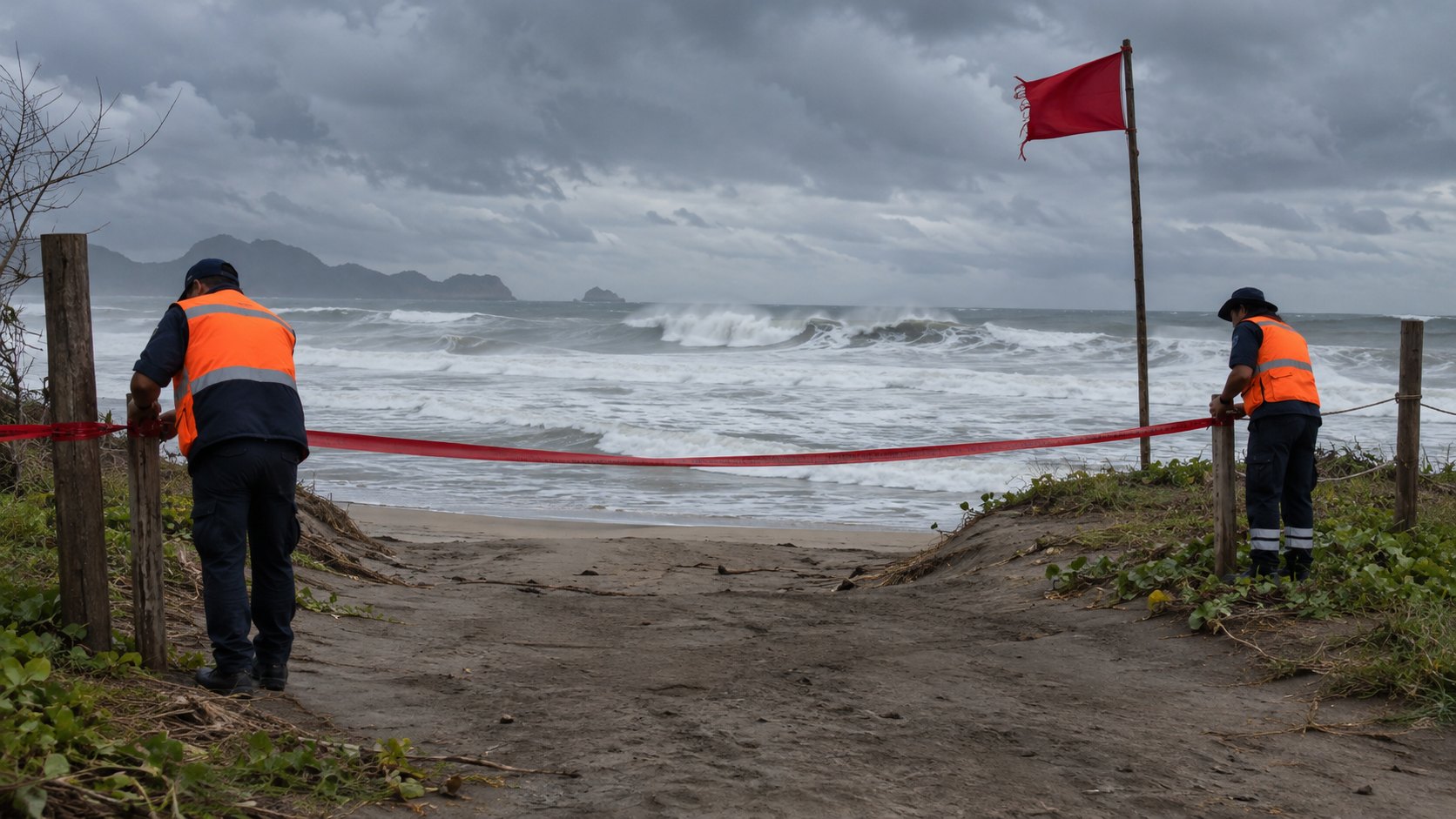 Ilustración editorial generada con IA: personal de Protección Civil con chalecos coloca una cinta de cierre en el acceso a una playa del Pacífico mexicano con mar agitado y bandera roja; composición conceptual, no es una fotografía de una playa real de Colima.