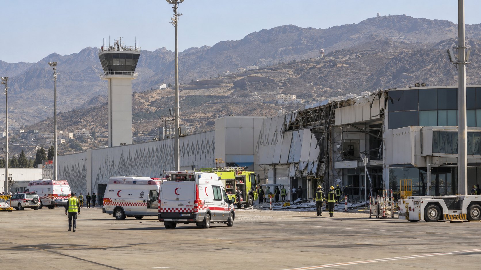 Ilustración editorial generada con IA: ambulancias y personal de emergencia junto a la terminal del aeropuerto de Abha, con las montañas áridas de Asir al fondo; composición conceptual, no es una fotografía del hecho.