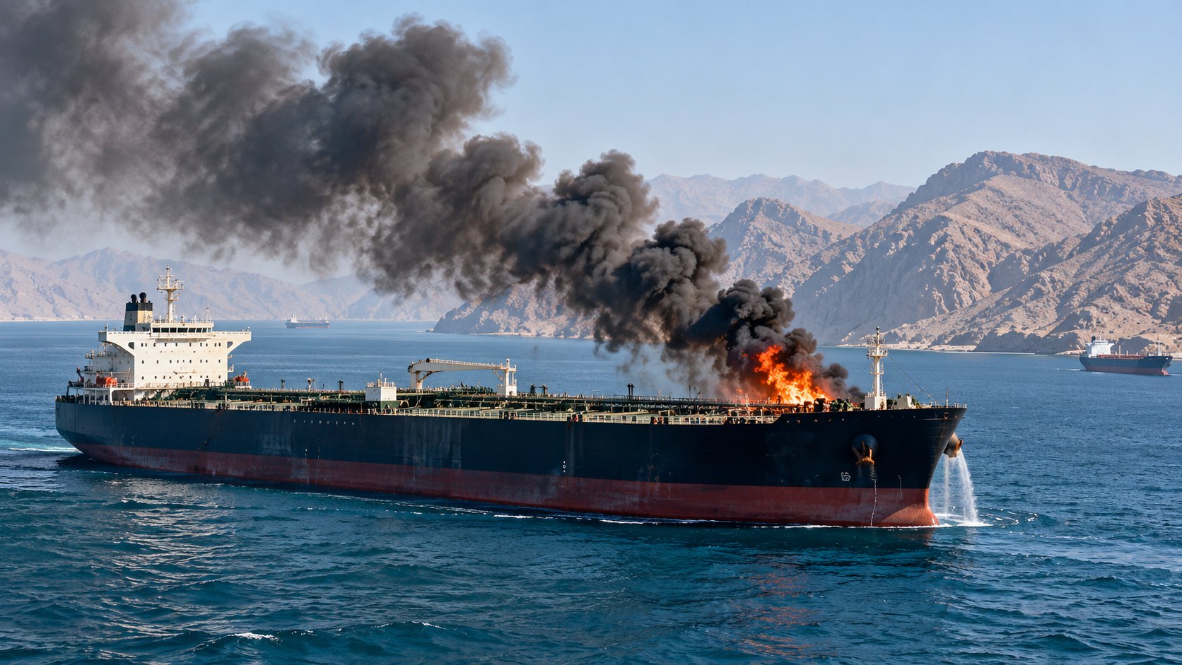 Ilustración editorial generada con IA: un petrolero con humo y fuego en la cubierta navega en aguas del estrecho de Ormuz, con la costa montañosa al fondo; composición conceptual, no es una fotografía del buque ni del incidente real.
