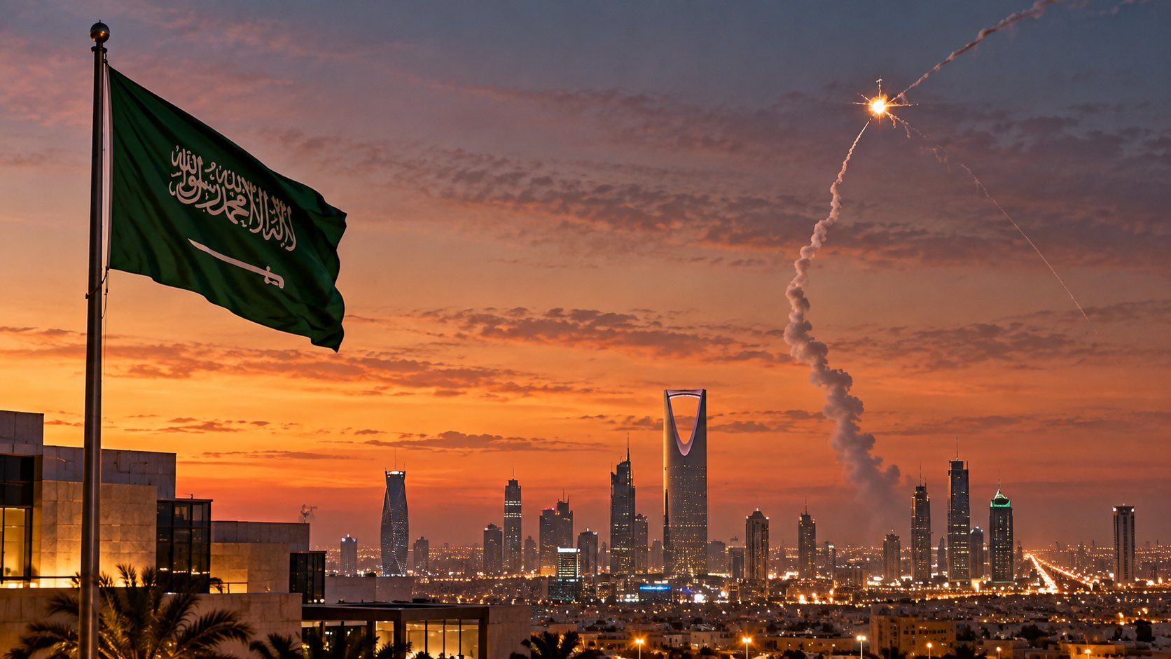 Ilustración editorial generada con IA: la estela de un misil interceptado sobre el horizonte de Riad al atardecer, con la torre Kingdom Centre a la distancia y una bandera de Arabia Saudita en primer plano; composición conceptual, no es una fotografía de la intercepción real.