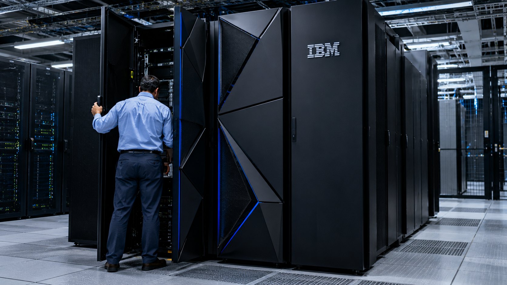 Ilustración editorial generada con IA: un técnico de espaldas abre la puerta de un mainframe negro con el logo de IBM en una sala de servidores; composición conceptual, no es una fotografía de un equipo o una instalación real.