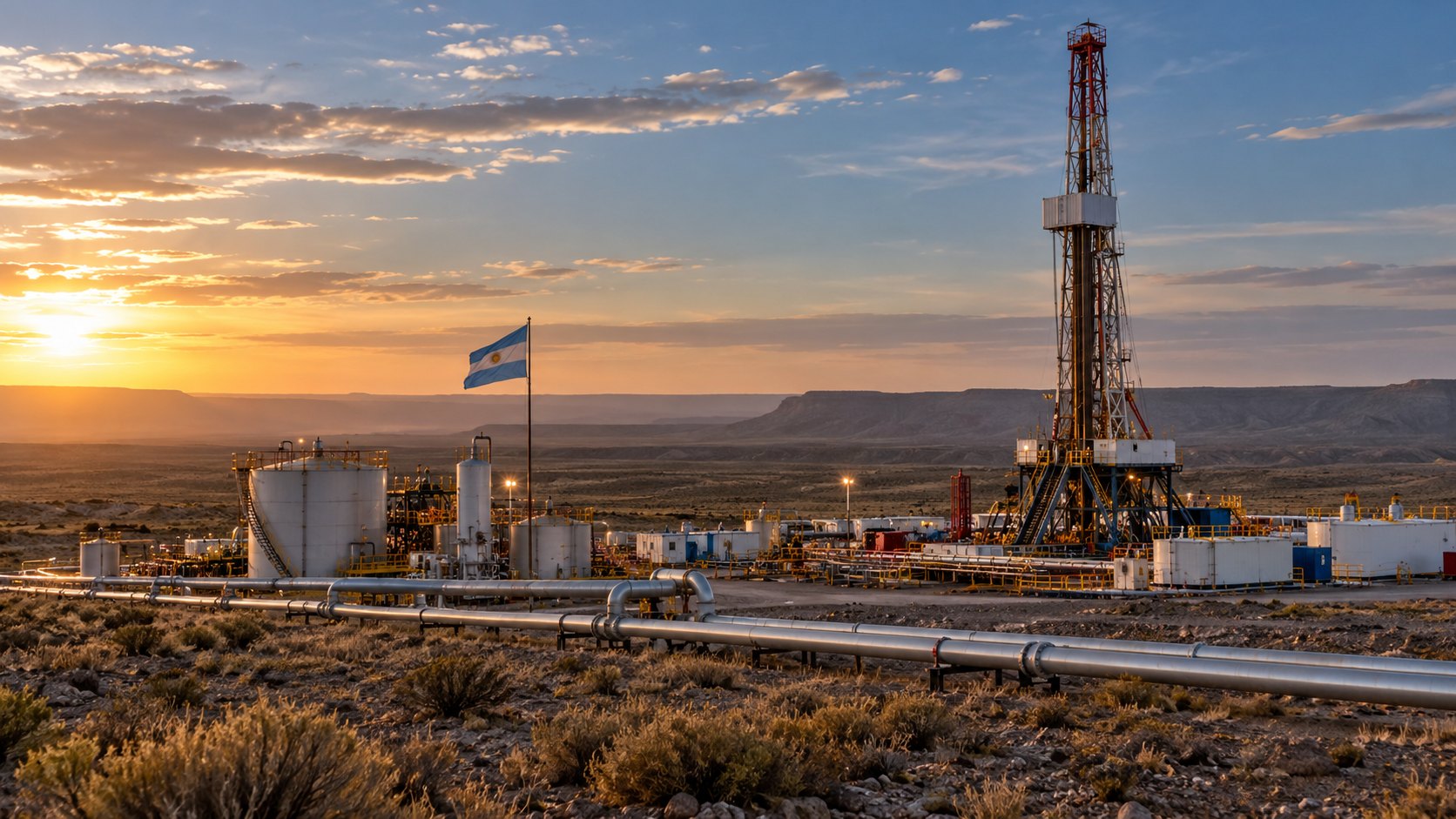 Ilustración editorial generada con IA: una torre de perforación, tanques y ductos petroleros en la estepa neuquina al atardecer, con una bandera argentina; composición conceptual, no es una fotografía de una instalación identificada.