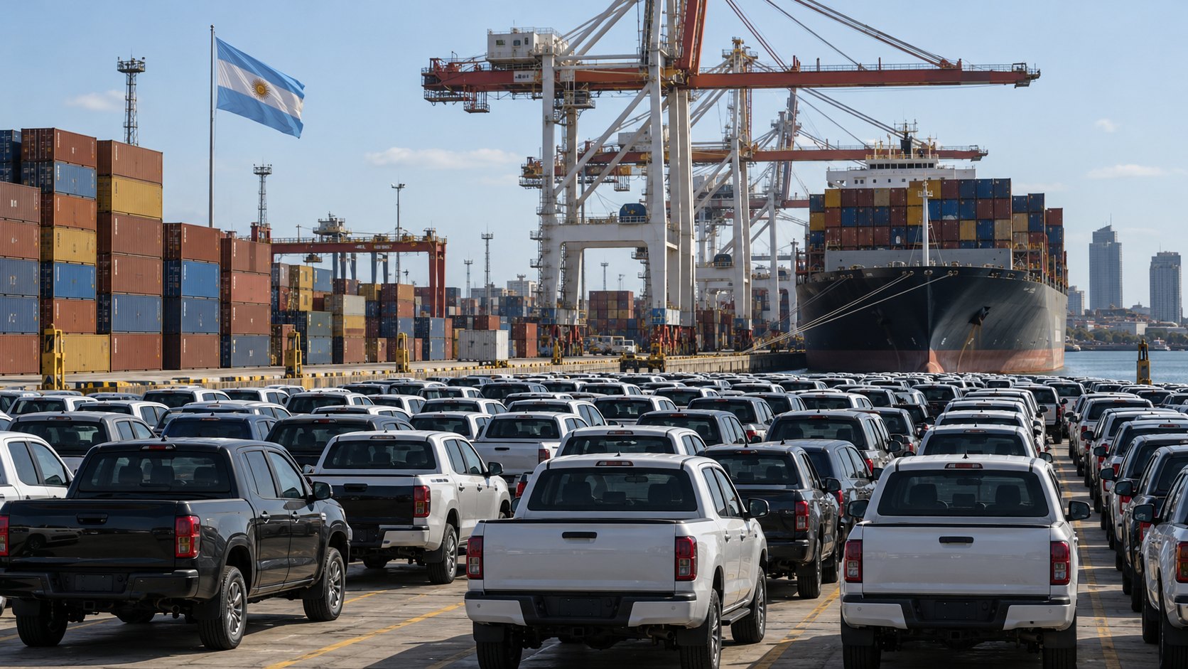 Ilustración editorial generada con IA: camionetas nuevas y contenedores listos para embarcar en un puerto argentino, con grúas pórtico, un buque portacontenedores y una bandera argentina; composición conceptual, no es una fotografía de un puerto ni de un embarque reales.
