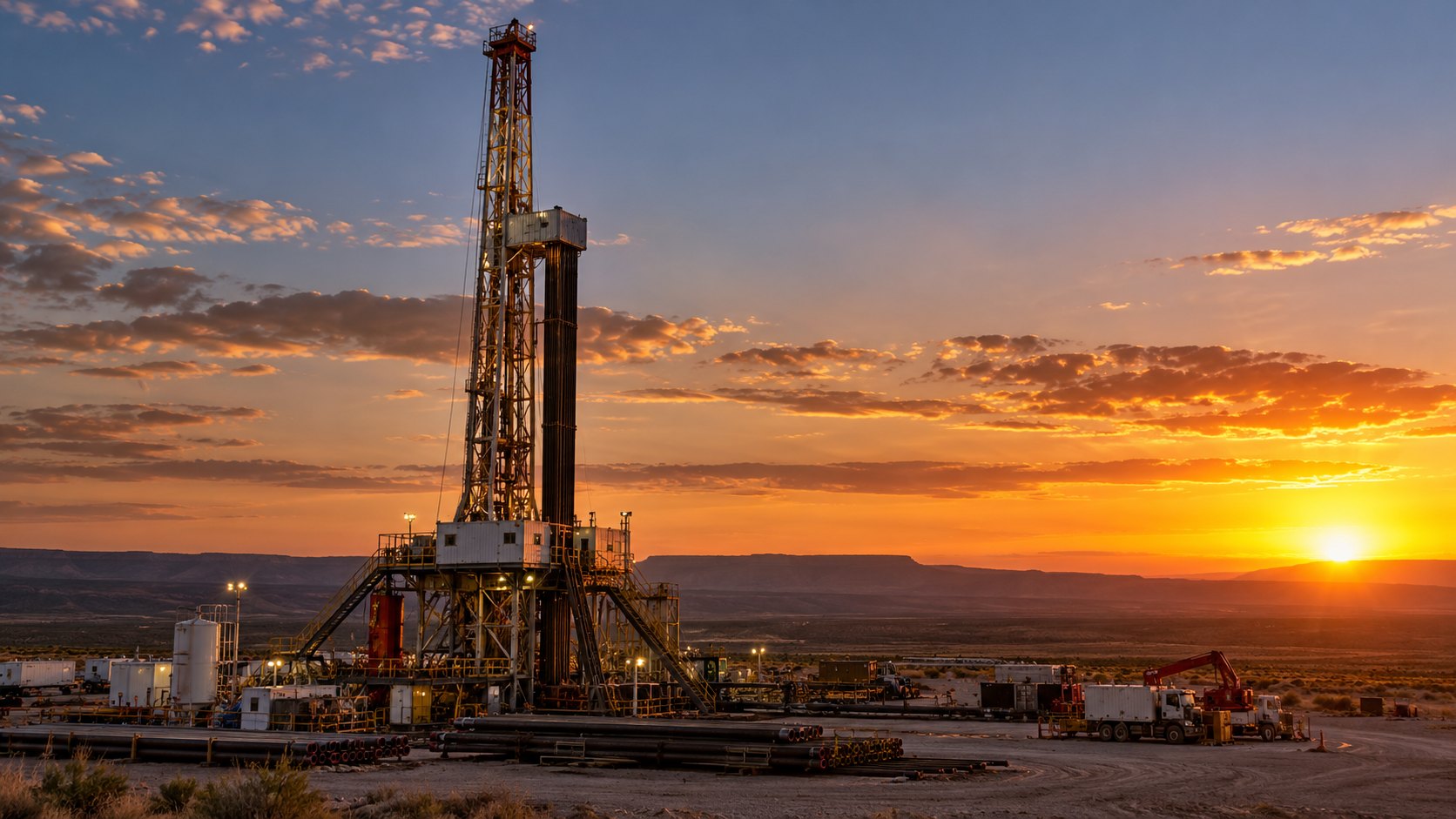 Ilustración editorial generada con IA: un equipo de perforación petrolera en la estepa de Vaca Muerta, Neuquén, al atardecer; composición conceptual, no es una fotografía de una instalación real.