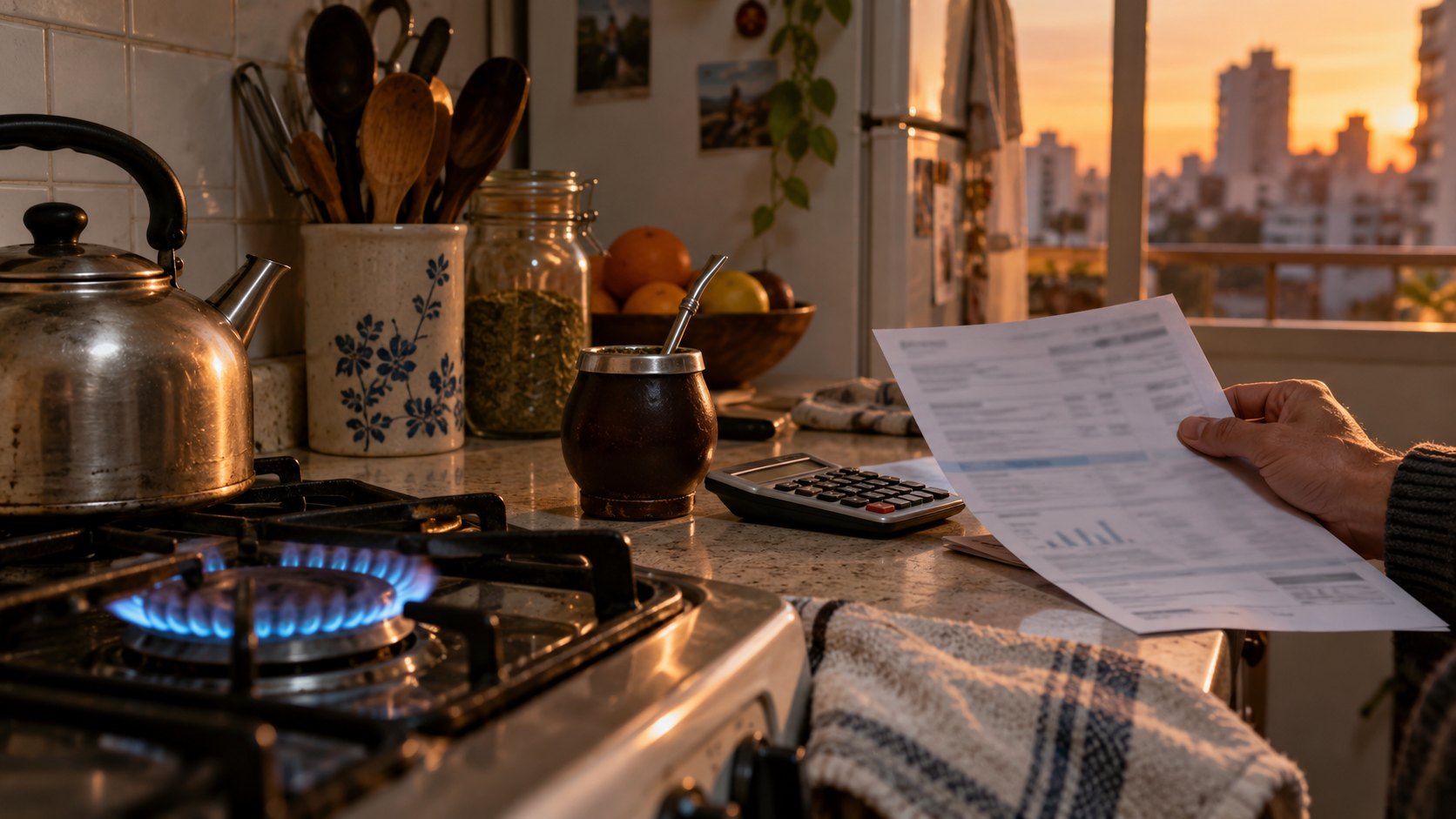 Ilustración editorial generada con IA: una hornalla de gas encendida en la cocina de un departamento argentino mientras una mano revisa una boleta de servicios junto a una calculadora y un mate; composición conceptual, la boleta no corresponde a una factura real.