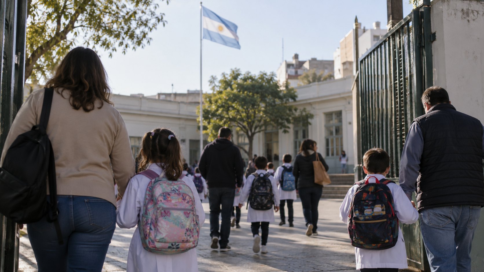 Ilustración editorial generada con IA: chicos con guardapolvo blanco y mochilas entran con sus padres a una escuela primaria argentina, con la bandera en el mástil del patio; composición conceptual, no es una fotografía de una escuela real.