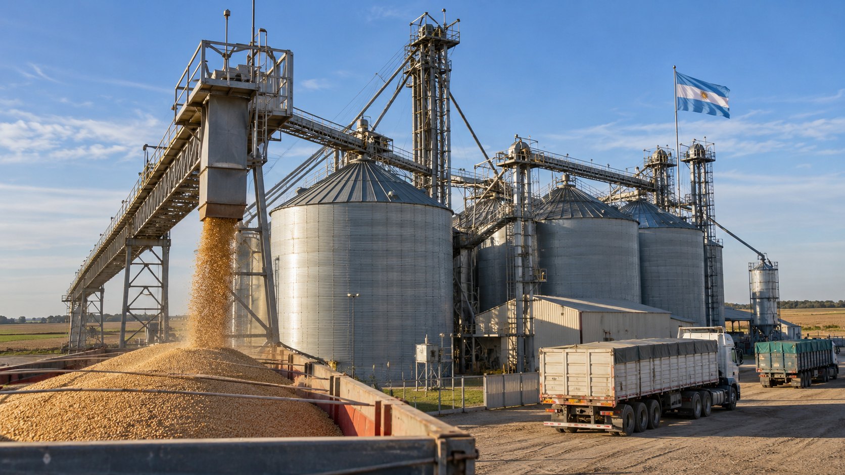 Ilustración editorial generada con IA: una planta de acopio de granos en la llanura pampeana, con silos metálicos, una cinta transportadora que descarga cereal y camiones esperando, bajo una bandera argentina; composición conceptual, no es una fotografía de una planta real.