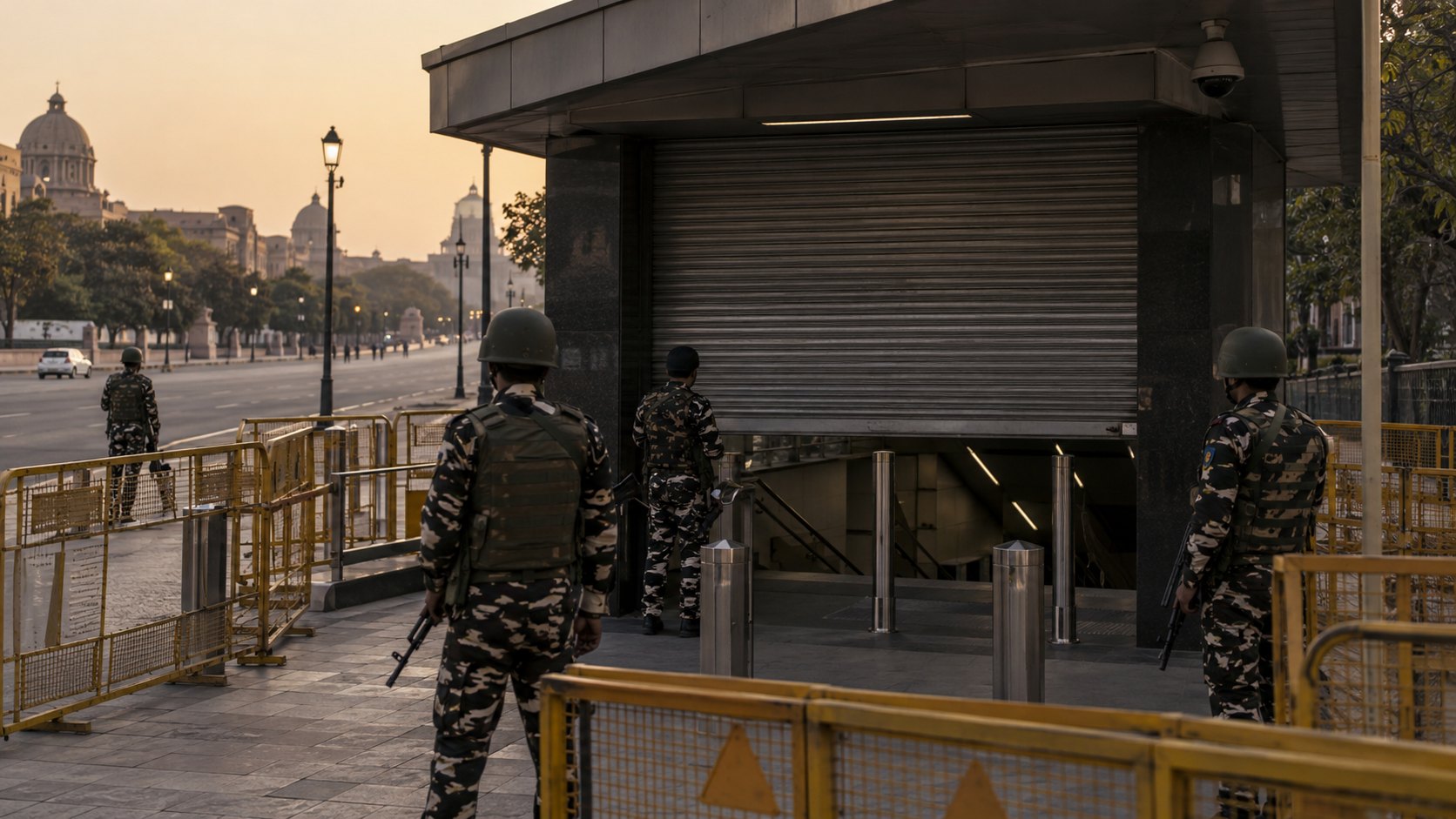 Ilustración editorial generada con IA: paramilitares indios con uniforme de camuflaje custodian la entrada cerrada con persianas metálicas de una estación de metro en el centro de Nueva Delhi, con vallas amarillas y la avenida casi vacía al atardecer; composición conceptual, no es una fotografía del cierre del 10 de octubre.