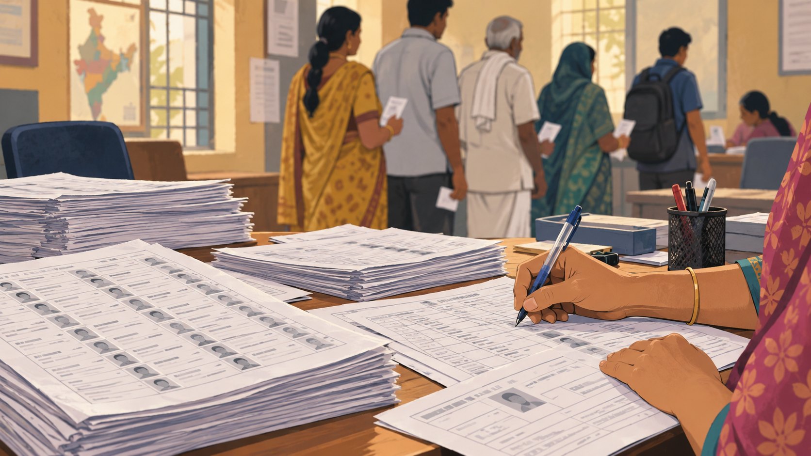Ilustración editorial generada con IA: una funcionaria revisa pilas de listados impresos del padrón electoral en una oficina de la India mientras votantes esperan su turno con documentos en la mano; composición conceptual, no es una fotografía de la Comisión Electoral.