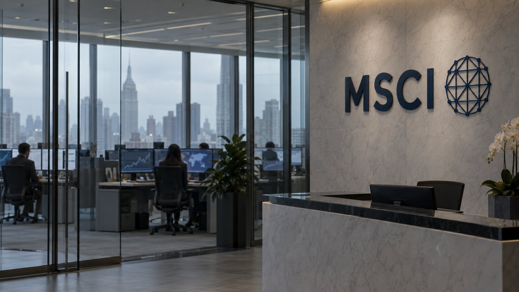 Ilustración editorial generada con IA: el vestíbulo de unas oficinas de MSCI con el logo de la empresa en la pared y, detrás de un vidrio, analistas frente a monitores con el horizonte de Nueva York en un día gris; composición conceptual, no es una fotografía de la sede real.