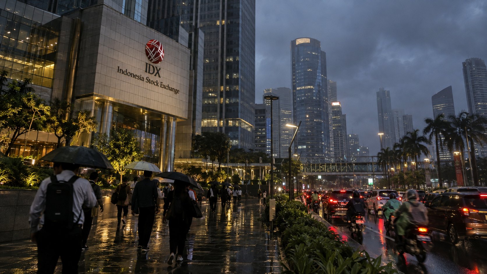 Ilustración editorial generada con IA: la torre de la Bolsa de Indonesia (IDX) en el distrito financiero de Yakarta al atardecer, con oficinistas bajo paraguas en la vereda mojada y motos y autos en la avenida bajo la lluvia; composición conceptual, no es una fotografía de la jornada.