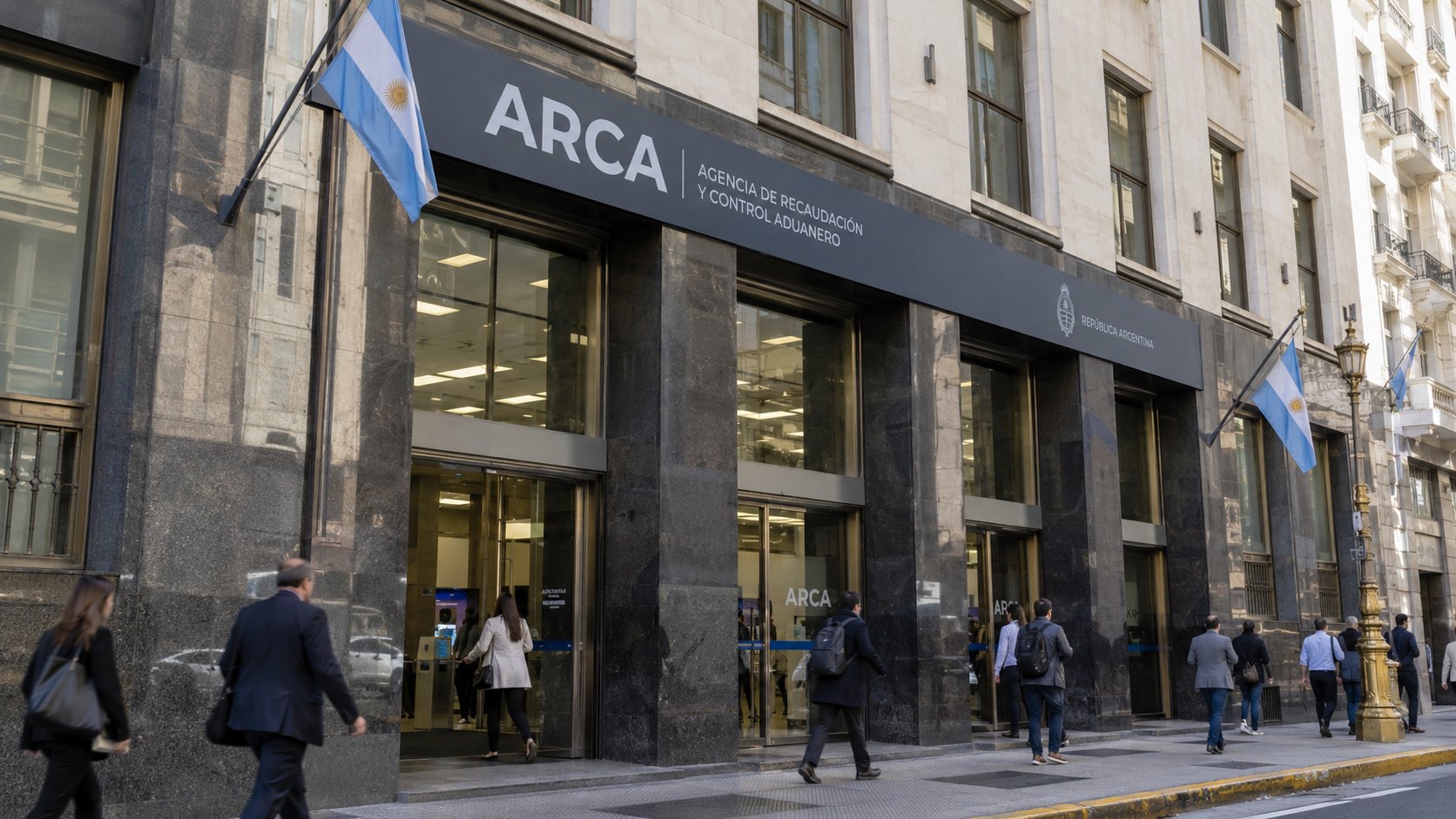 Ilustración editorial generada con IA: la fachada de la sede central de ARCA en el microcentro porteño, con peatones y una bandera argentina; composición conceptual, no es una fotografía de un hecho real.