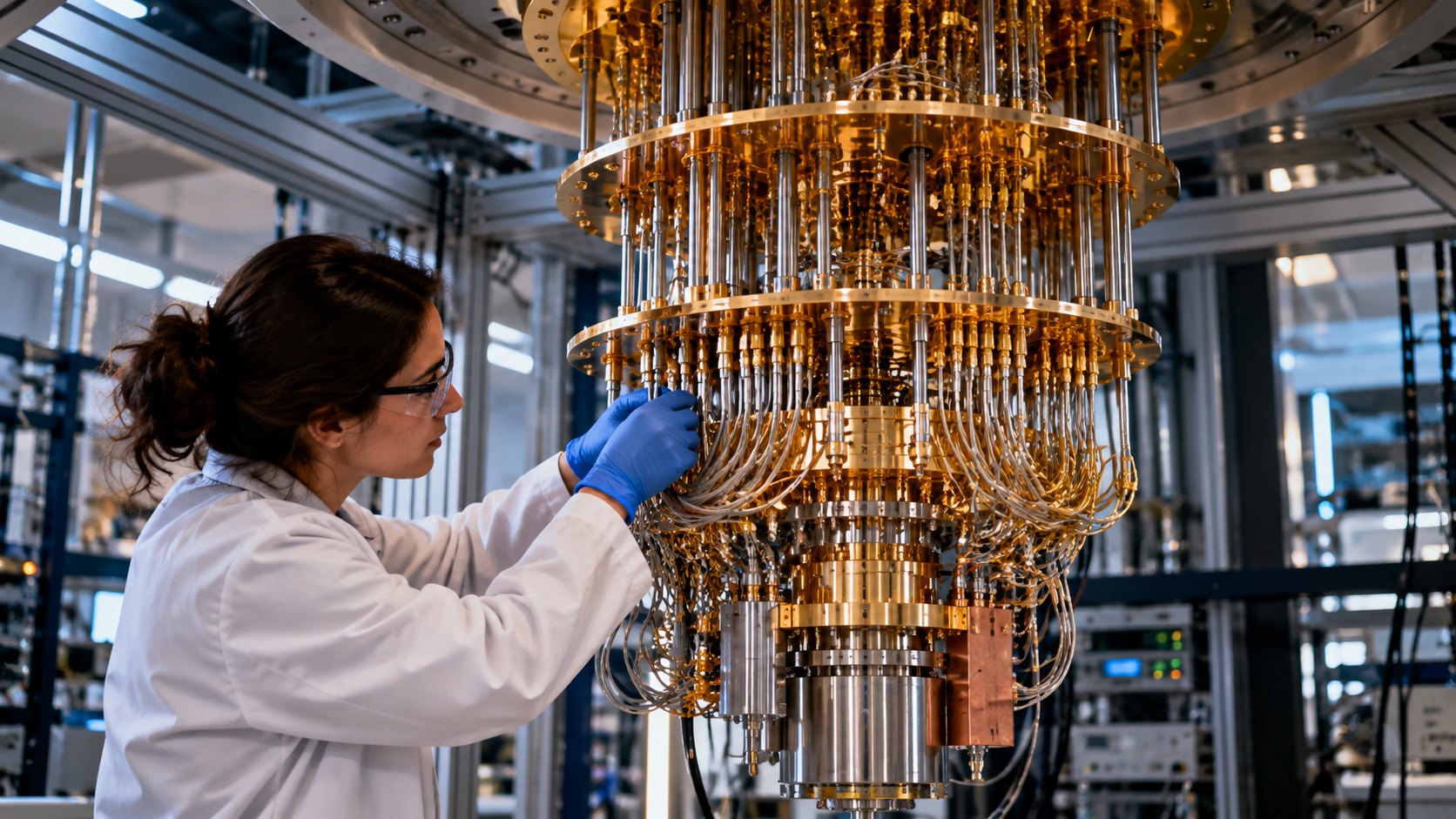 Ilustración editorial generada con IA: una investigadora con guardapolvo y guantes revisa el cableado de un criostato de dilución dorado de una computadora cuántica en un laboratorio; composición conceptual, no es una fotografía de un laboratorio de Intel ni de Classiq.