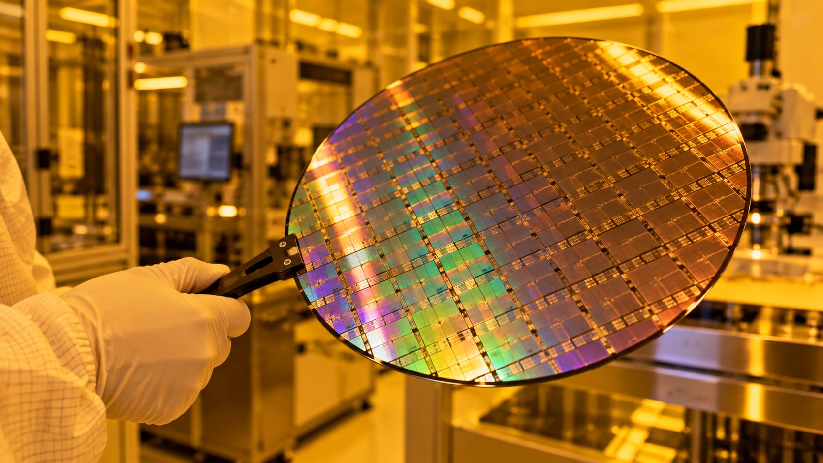 Ilustración editorial generada con IA: una mano con guante sostiene con pinzas una oblea de silicio con chips de qubits en una sala limpia con luz ámbar; composición conceptual, no es una fotografía de un chip real de Intel.