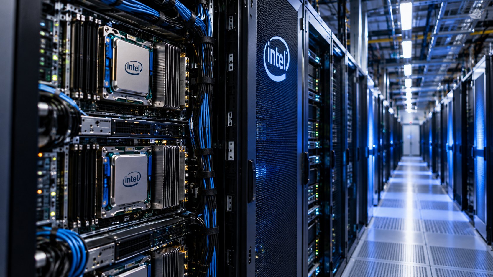 Ilustración editorial generada con IA: un pasillo de un centro de datos con racks de servidores abiertos y placas con procesadores Intel; composición conceptual, no es una fotografía documental.