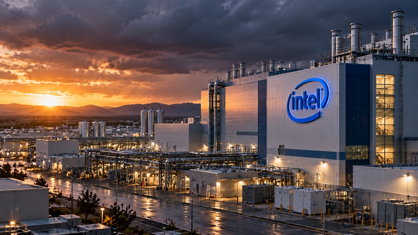Ilustración editorial generada con IA: el exterior de una gran fábrica de chips de Intel en Estados Unidos, con el logo de Intel en la fachada y un cielo de tormenta al amanecer; composición conceptual, no es una fotografía documental.