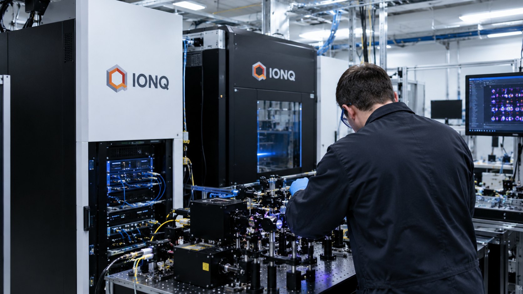 Ilustración editorial generada con IA: un sistema de computación cuántica de iones atrapados de IonQ en un laboratorio, con un técnico de espaldas; composición conceptual, no es una fotografía de un equipo real de la empresa.