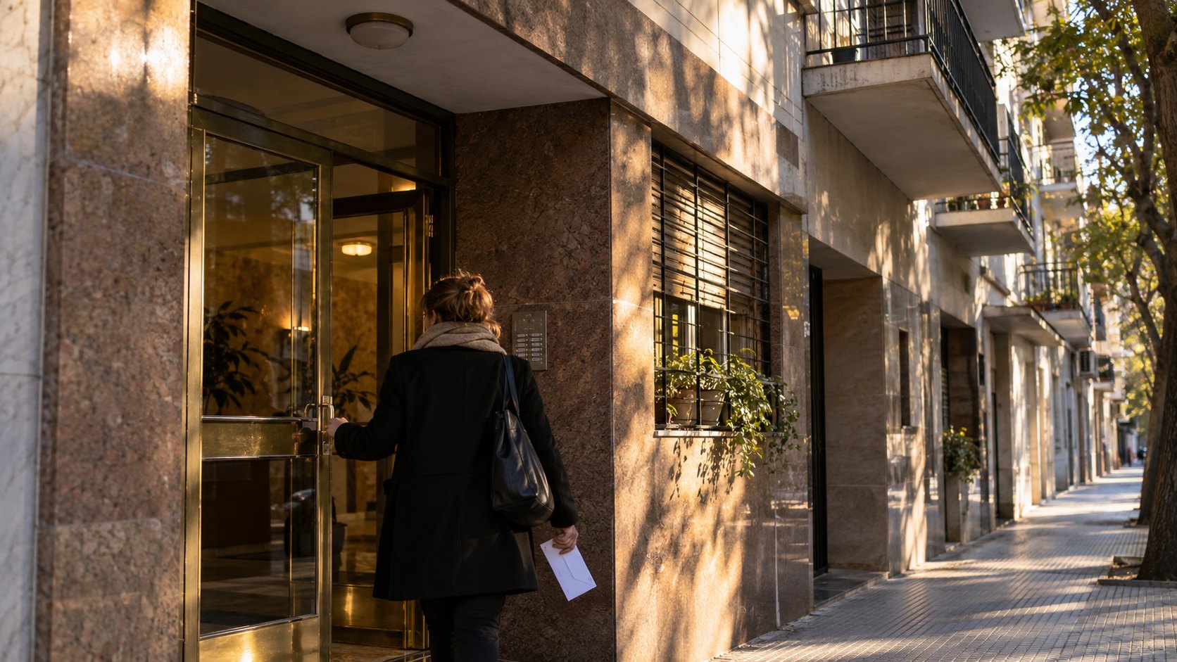 Ilustración editorial generada con IA: una vecina de espaldas, con un sobre en la mano, entra a un edificio de departamentos de Buenos Aires con fachada de granito y balcones en una vereda arbolada; composición conceptual, no es una fotografía de un edificio real.