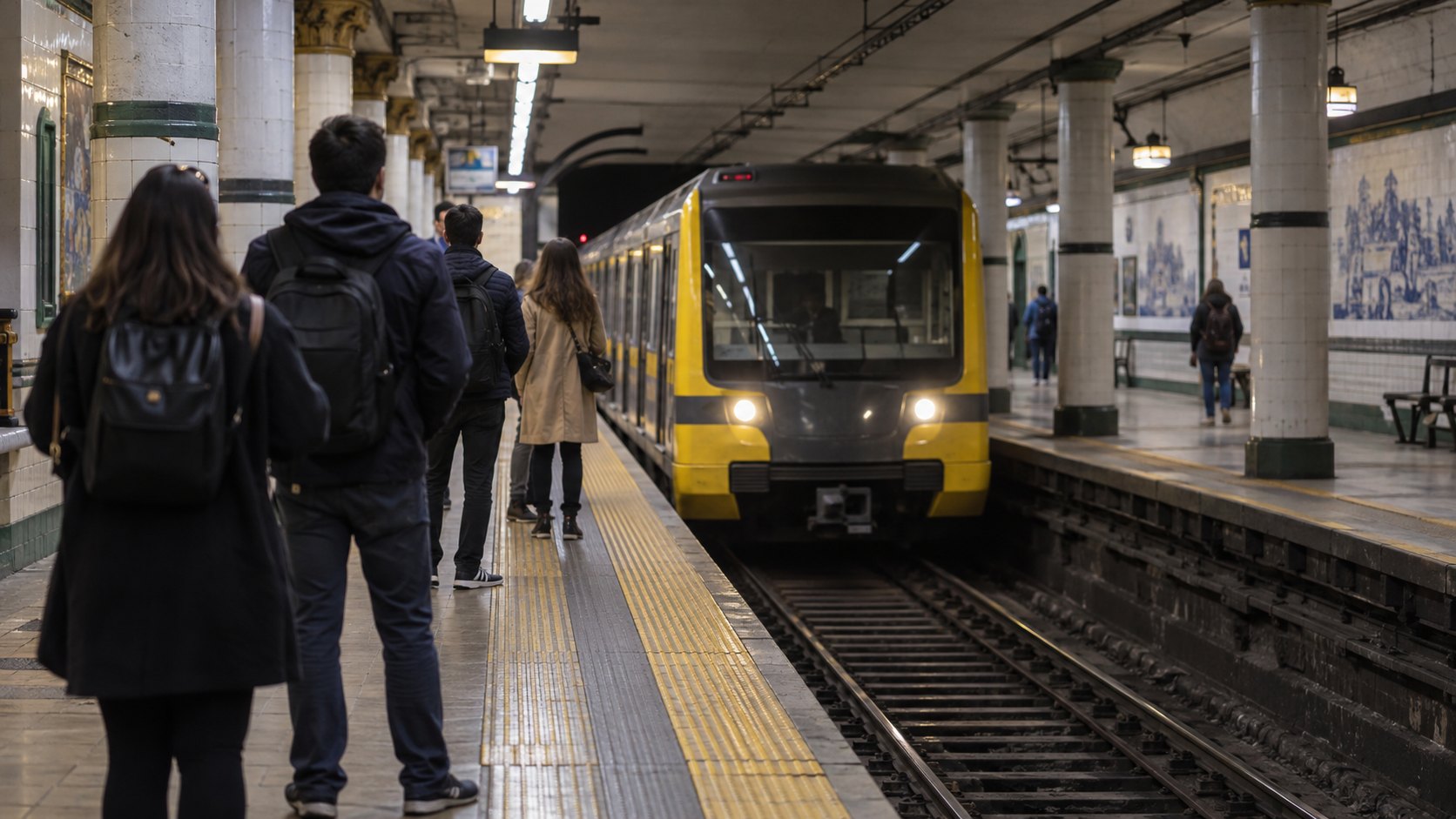Ilustración editorial generada con IA: pasajeros de espaldas esperan en un andén del subte de Buenos Aires, con columnas y murales de azulejos, mientras llega una formación amarilla; composición conceptual, no es una fotografía de una estación real.