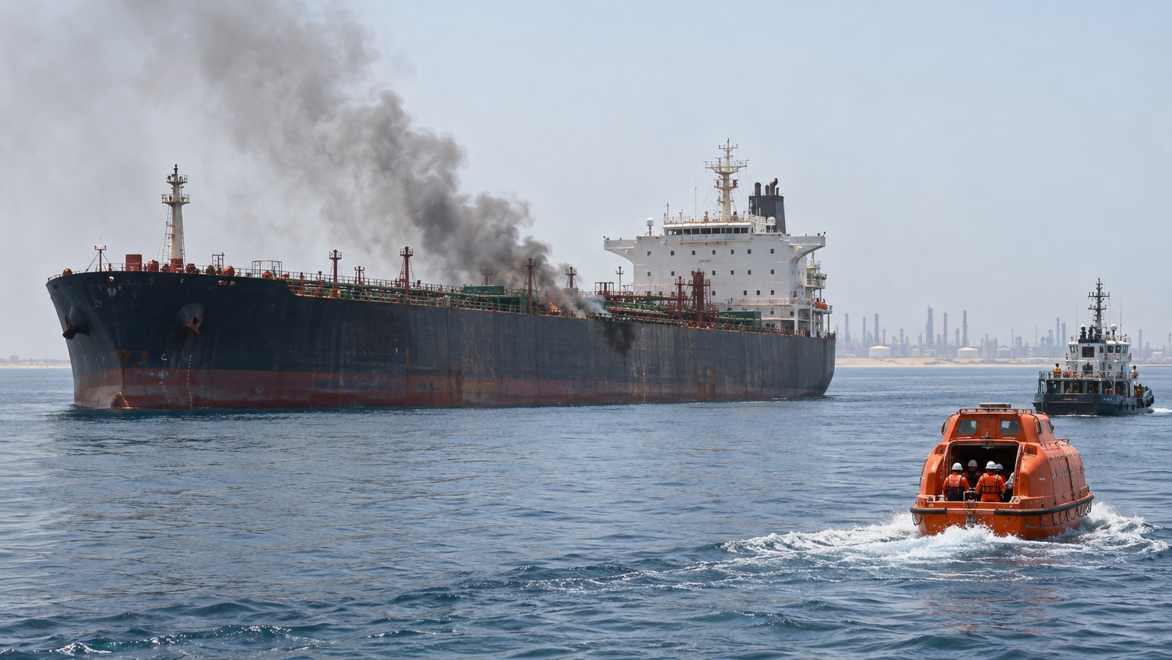 Ilustración editorial generada con IA: un petrolero detenido a pleno día en el golfo Pérsico con humo gris saliendo de su cubierta, mientras un bote salvavidas naranja con tripulantes se aleja hacia un remolcador y una costa industrial asoma en el horizonte; composición conceptual, no es una fotografía del petrolero alcanzado frente a Jubail.