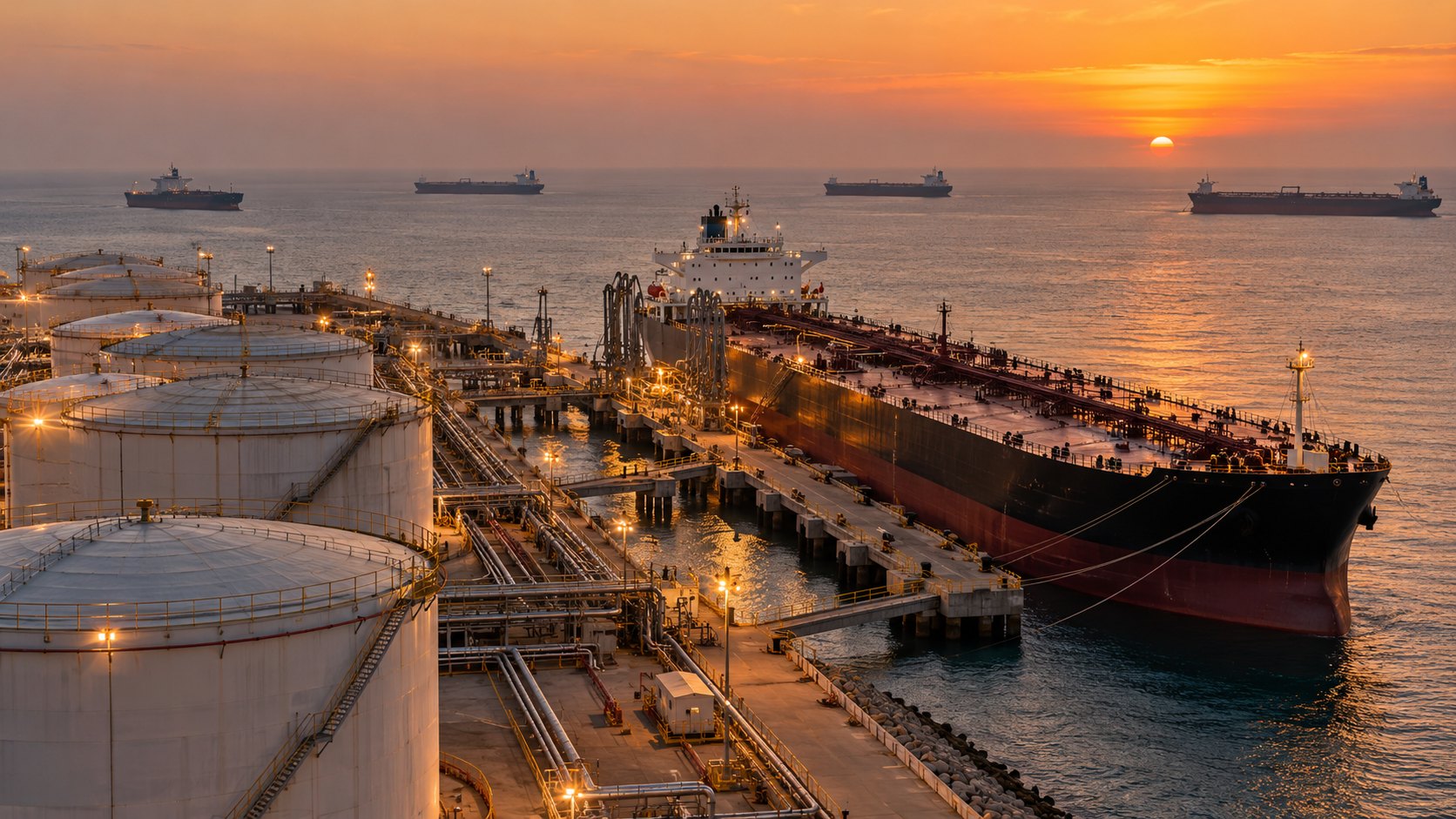 Ilustración editorial generada con IA: una terminal petrolera del Golfo al atardecer con tanques de almacenamiento y un petrolero amarrado, y varios buques fondeados en espera en el horizonte; composición conceptual, no es una fotografía de una terminal real.