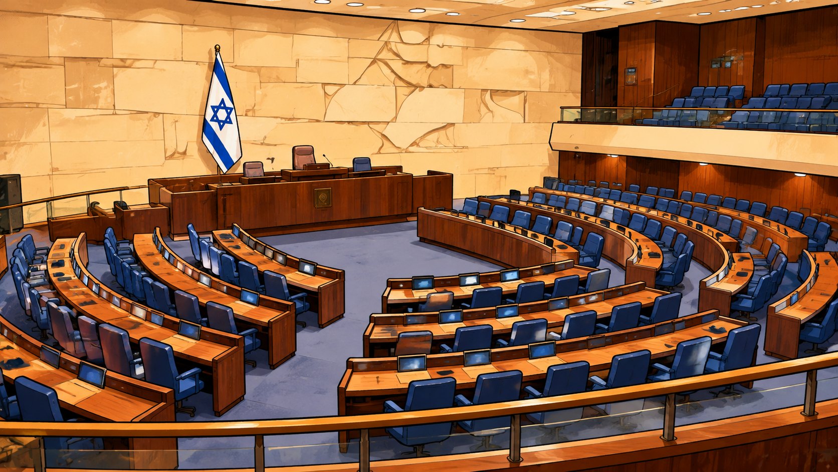 Ilustración editorial generada con IA: el plenario vacío de la Knesset en Jerusalén visto desde las galerías, con las bancas azules en herradura, la mesa de la presidencia, una bandera de Israel y el muro de piedra al fondo; composición representativa, no es una fotografía tomada antes de la jura del nuevo Parlamento.
