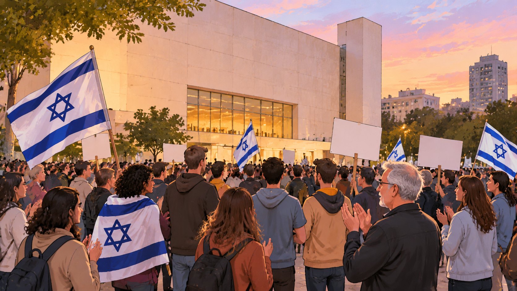 Ilustración editorial generada con IA: una manifestación al atardecer en la plaza Habima de Tel Aviv, frente al edificio del teatro nacional, con banderas de Israel y carteles en blanco mientras la gente aplaude; composición representativa, no es una fotografía de la marcha del 31 de octubre.