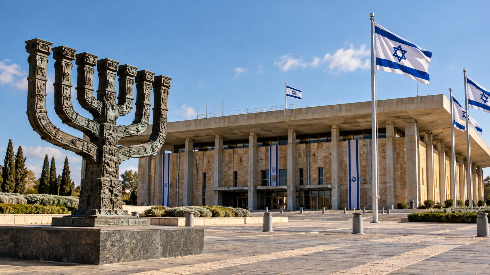 Ilustración editorial generada con IA: el edificio de la Knesset en Jerusalén con la gran menorá de bronce y banderas de Israel en la explanada, bajo un cielo de otoño; composición conceptual, no es una fotografía del día.