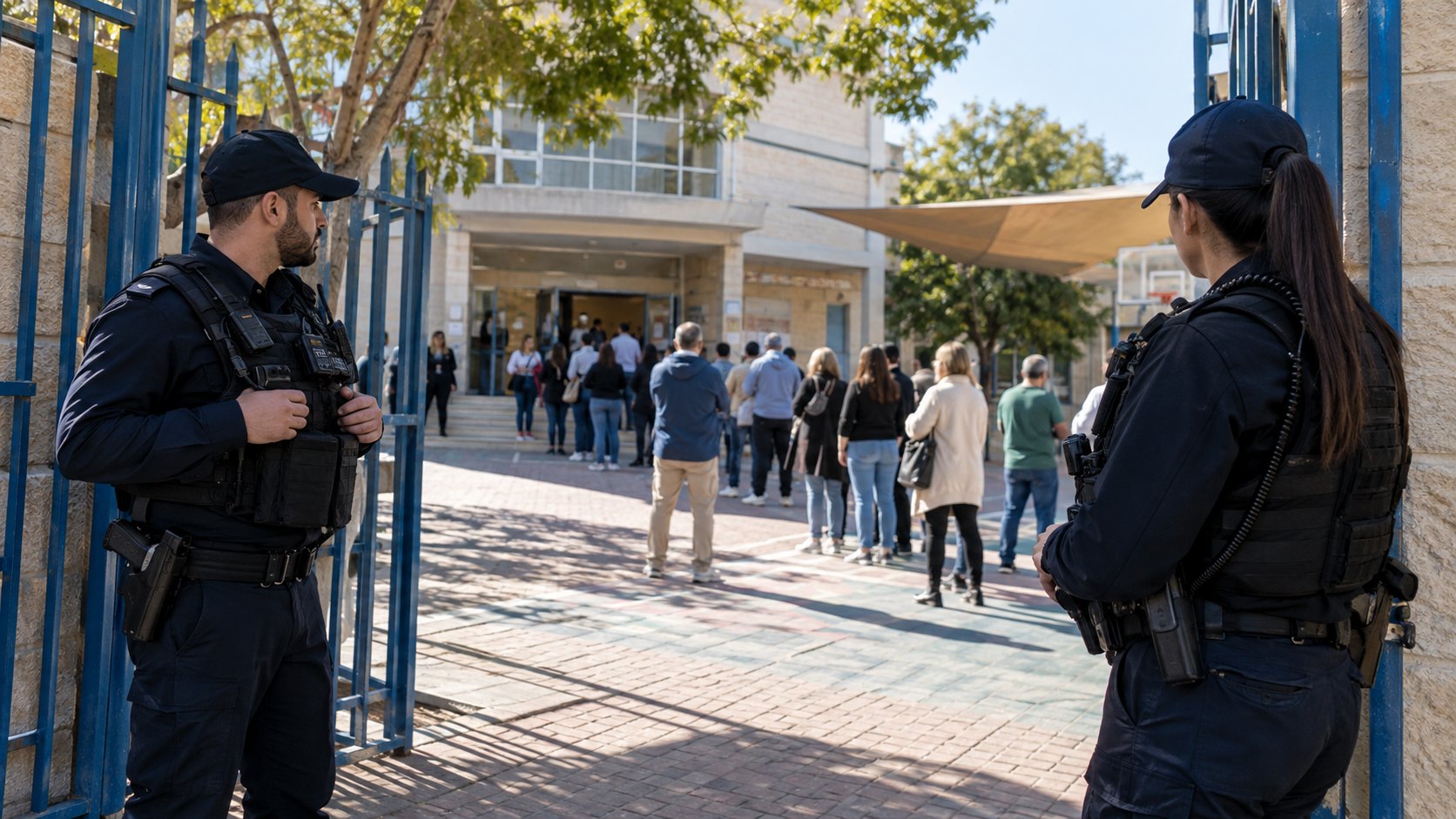 Ilustración editorial generada con IA: dos agentes de la Policía de Israel custodian el portón de una escuela usada como centro de votación mientras los votantes hacen fila en el patio; composición conceptual, no es una fotografía de un centro real.