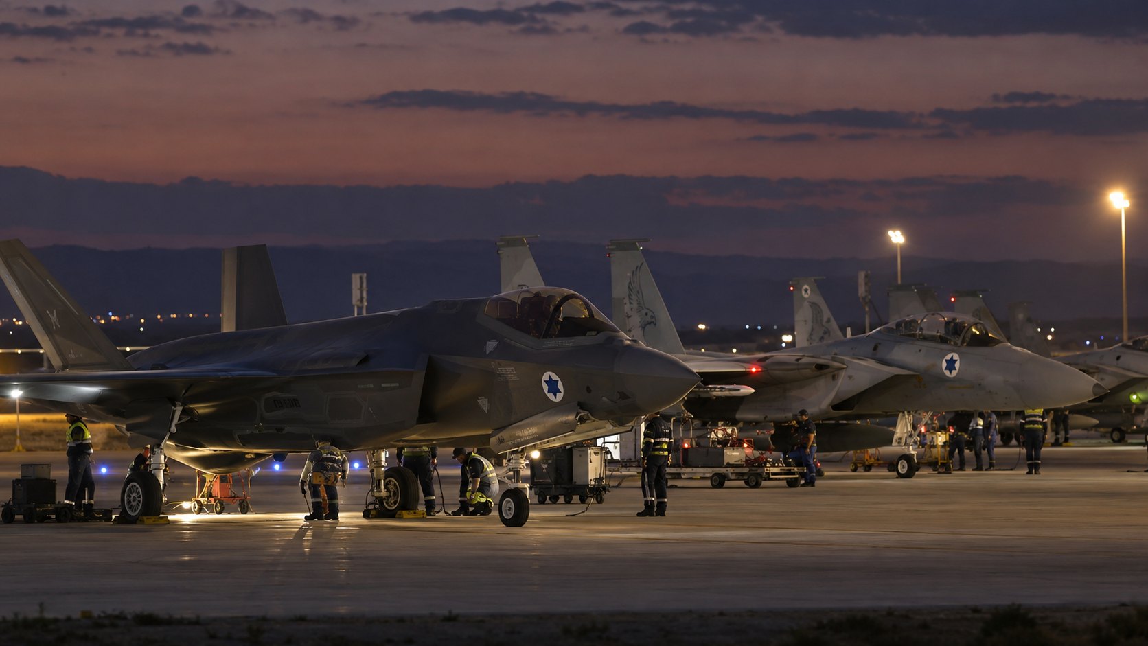 Ilustración editorial generada con IA: cazas F-35 y F-15 de la Fuerza Aérea de Israel estacionados en la pista de una base aérea al anochecer, con personal de tierra junto a los aviones; composición conceptual, no es una fotografía de una operación real.