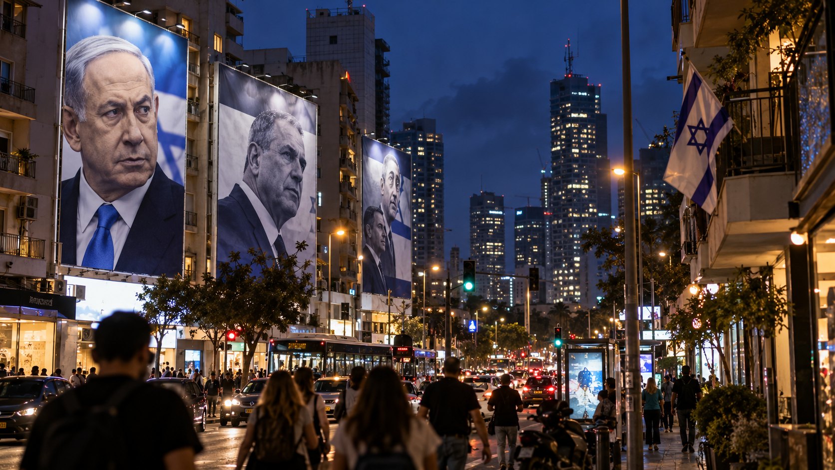Ilustración editorial generada con IA: una avenida de Tel Aviv al anochecer con grandes carteles de campaña con el rostro de Benjamin Netanyahu en los edificios, transeúntes y una bandera de Israel en un balcón; composición conceptual, no es una fotografía de la campaña real.