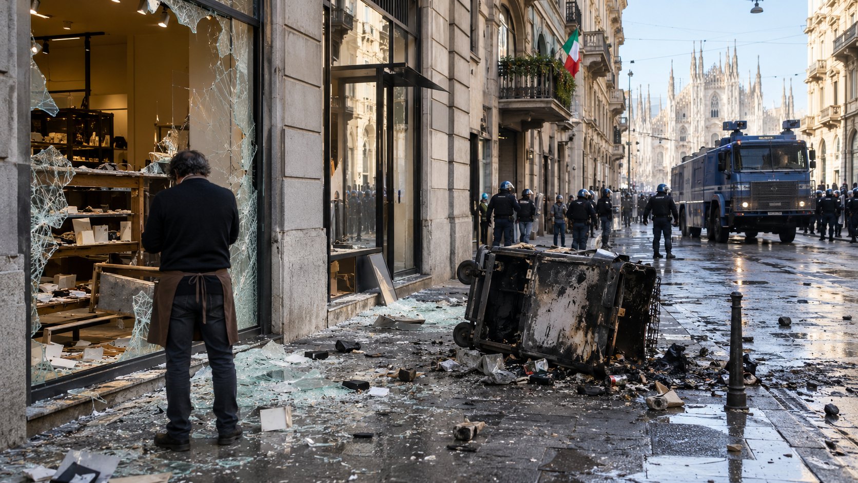 Ilustración editorial generada con IA: en una calle comercial del centro de Milán, con el Duomo al fondo, un comerciante de espaldas mira la vidriera destrozada de su local junto a un contenedor de basura volcado y quemado, mientras policías antidisturbios y un camión hidrante ocupan la calzada; composición conceptual, no es una fotografía de un comercio real.