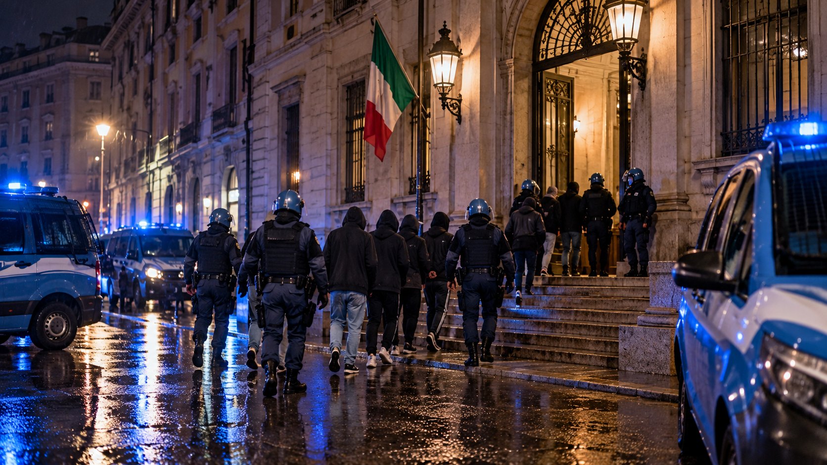 Ilustración editorial generada con IA: de noche, policías italianos con cascos escoltan a un grupo de jóvenes encapuchados, de espaldas, por la escalinata de un edificio policial con una bandera de Italia en el frente, entre patrulleros con luces azules sobre el pavimento mojado; composición conceptual, no es una fotografía de la Questura de Milán.