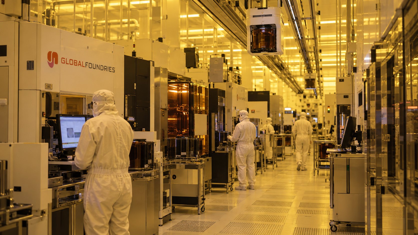 Ilustración editorial generada con IA: el interior de una sala limpia de GlobalFoundries con luz amarilla, técnicos con trajes blancos de espaldas junto a equipos de fabricación de obleas y un transportador de contenedores de obleas en un riel del techo, con el logotipo de GlobalFoundries en un equipo; composición conceptual, no es una fotografía de la planta de Malta.