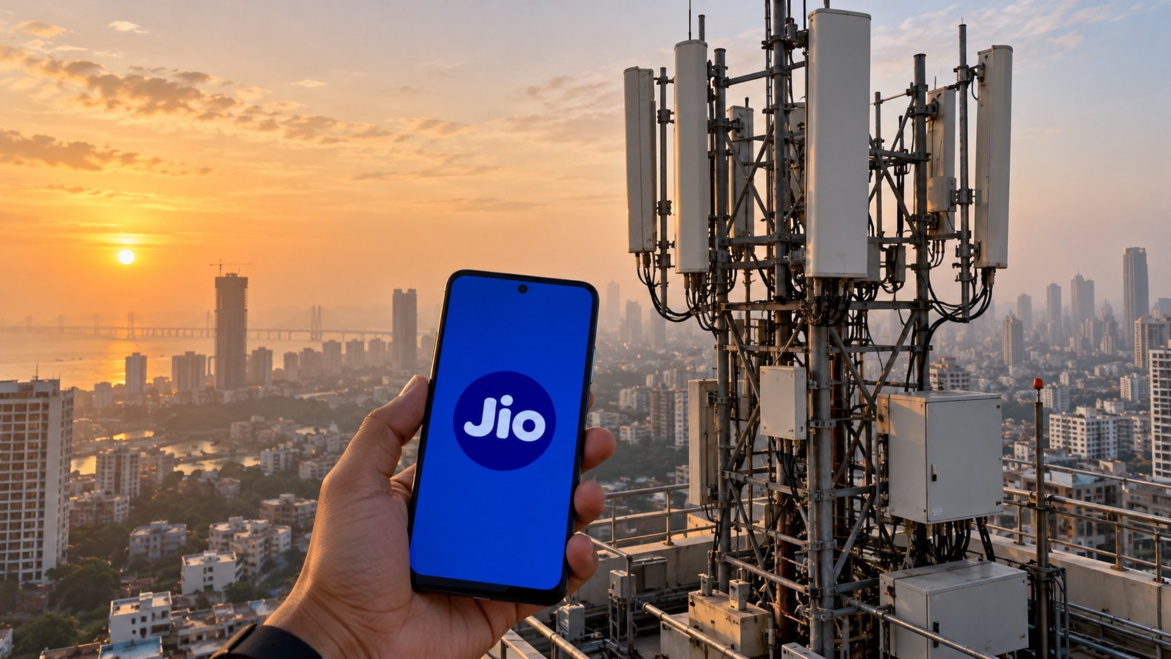 Ilustración editorial generada con IA: una mano anónima sostiene un celular con el logo de Jio en la pantalla frente a una torre de antenas de telefonía móvil sobre la ciudad de Mumbai al amanecer; composición conceptual, no es una fotografía de la red real.