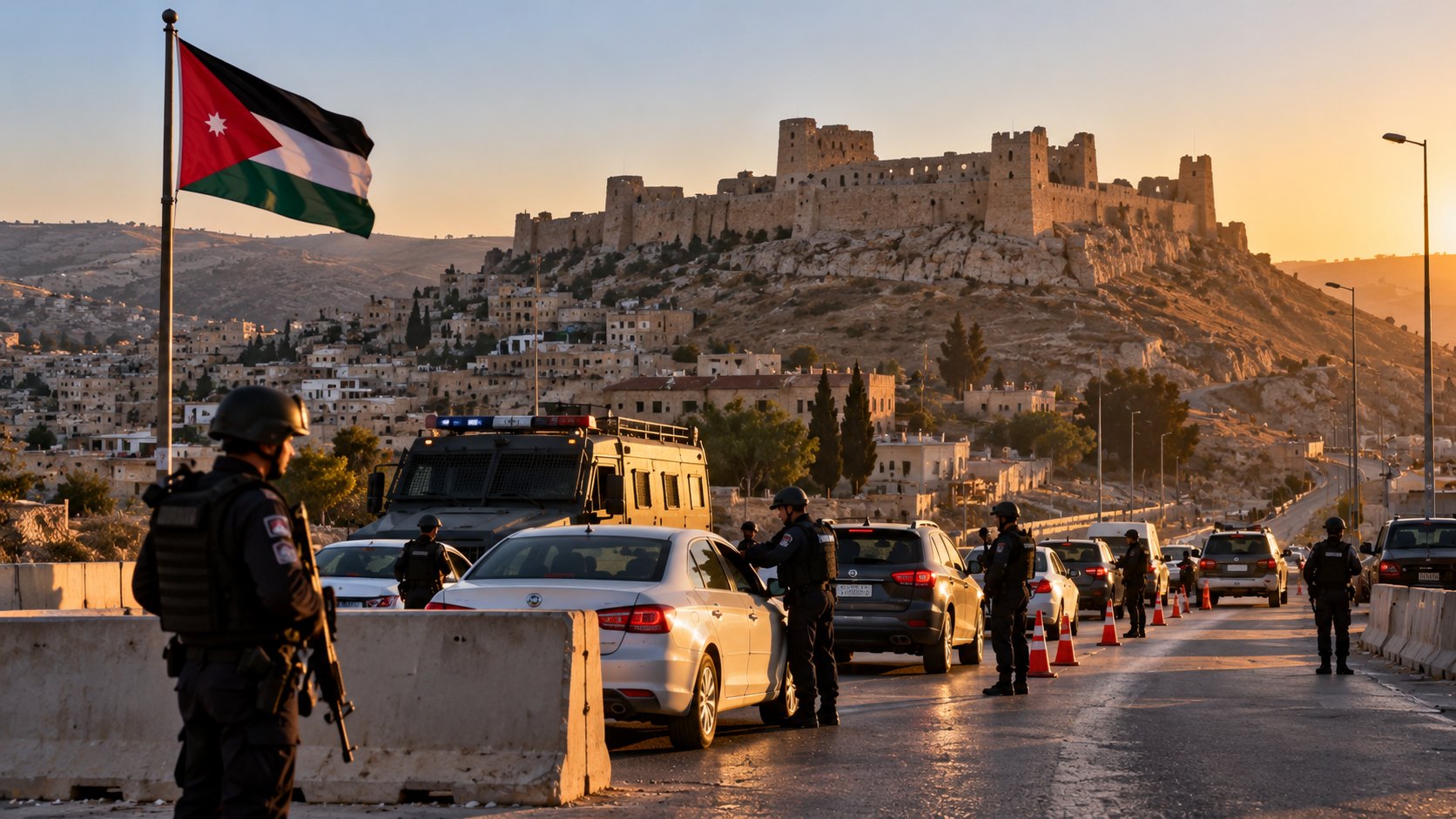 Ilustración editorial generada con IA: un control policial jordano en una ruta de acceso a Karak, con agentes revisando autos, una camioneta policial y una bandera de Jordania, y el castillo cruzado de Karak sobre la colina al atardecer; composición conceptual, no es una fotografía de un control documentado.