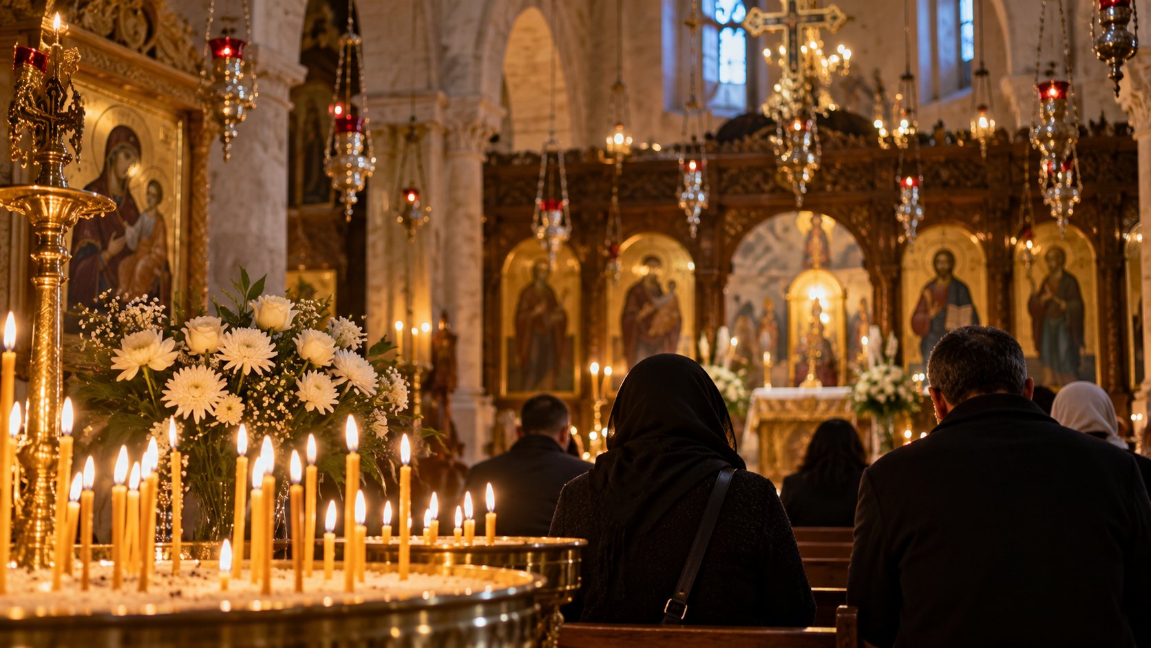 Ilustración editorial generada con IA: el interior de una iglesia ortodoxa griega con iconos dorados, lámparas colgantes, velas encendidas y flores blancas, con personas de espaldas rezando; composición conceptual, no es una fotografía de la iglesia atacada ni de un velatorio real.
