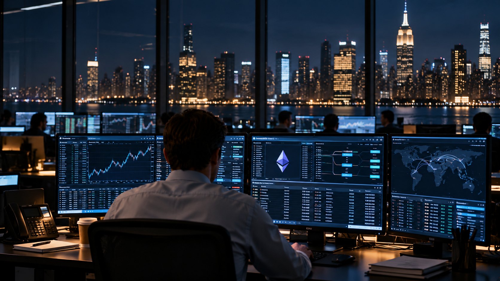 Ilustración editorial generada con IA: de noche, un operador de espaldas frente a varios monitores con paneles financieros y el logo de Ethereum en una pantalla, en una mesa de operaciones con el skyline de Manhattan por la ventana; composición conceptual, no es una fotografía de una oficina de JPMorgan.