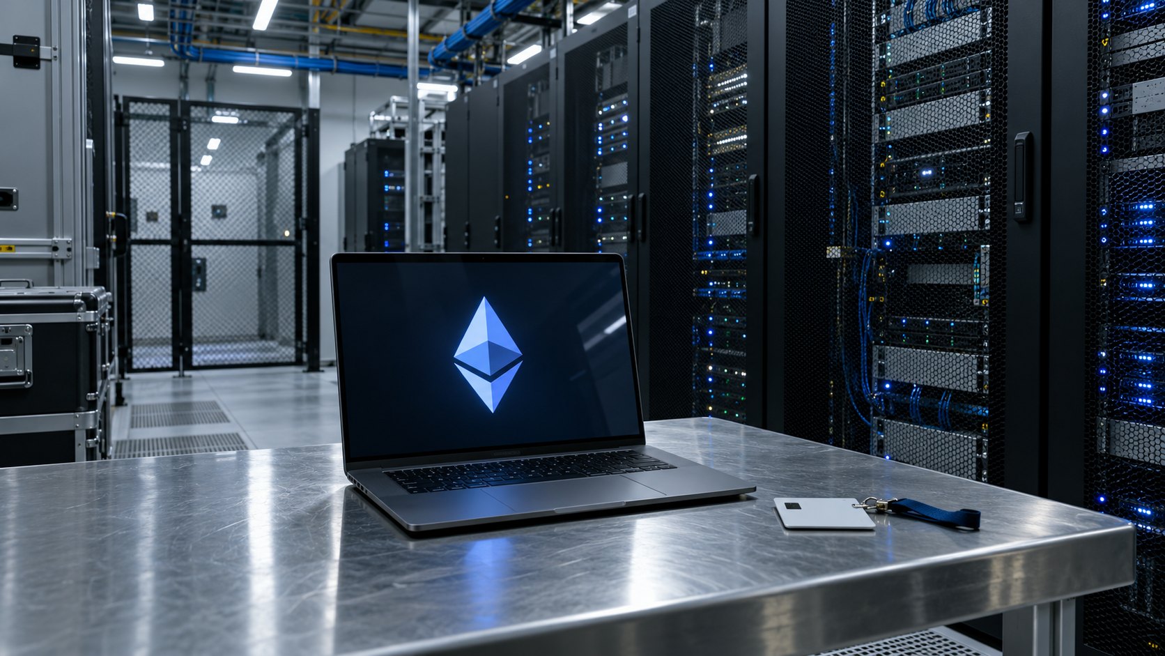 Ilustración editorial generada con IA: una notebook con el logo de Ethereum sobre una mesa de acero en una sala de servidores con racks iluminados de azul; composición conceptual, no es una fotografía de instalaciones de JPMorgan.