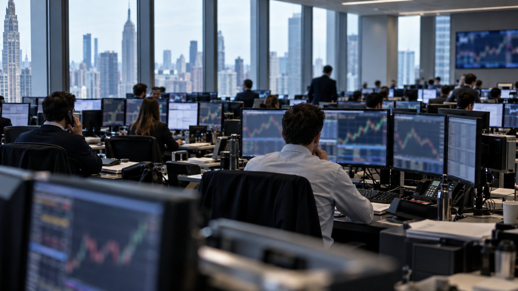 Ilustración editorial generada con IA: la sala de operaciones de un gran banco de Nueva York, con operadores de espaldas frente a hileras de monitores con gráficos y la ciudad detrás de los ventanales; composición conceptual, no es una fotografía de JPMorgan ni del día.