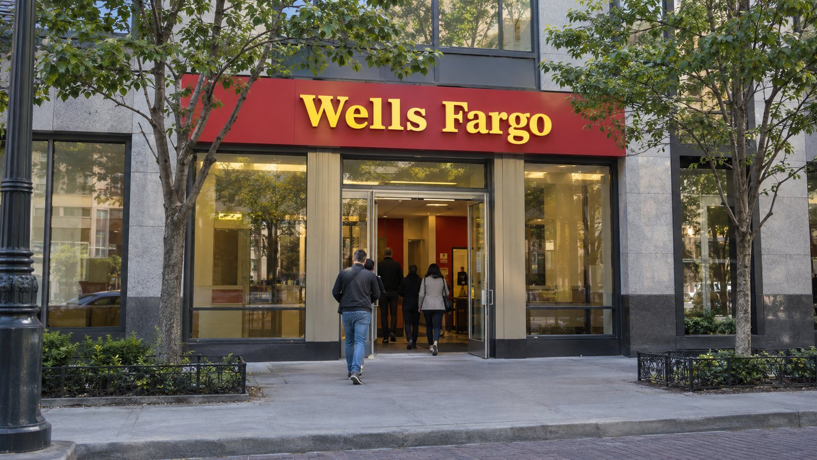 Ilustración editorial generada con IA: la fachada de una sucursal de Wells Fargo con su letrero rojo y amarillo en una avenida de una ciudad de Estados Unidos, con clientes de espaldas; composición conceptual, no es una fotografía de una sucursal real ni del día.