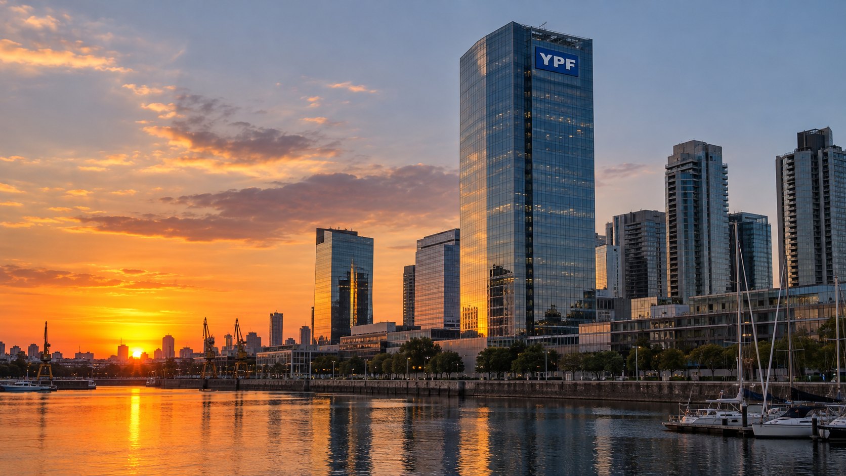Ilustración editorial generada con IA: la Torre YPF en Puerto Madero, Buenos Aires, al atardecer, con el logo de YPF en lo alto de su fachada de vidrio y los diques en primer plano; composición conceptual.