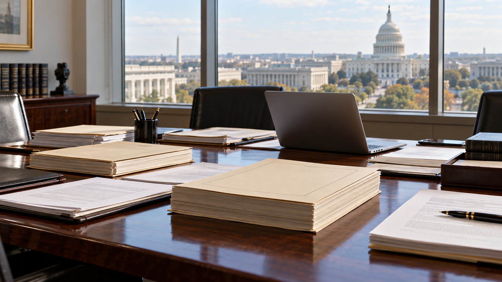 Ilustración editorial generada con IA: una mesa de reuniones de un estudio de abogados con carpetas, cuadernillos de tapas color crema y una laptop, frente a ventanales con vista al Capitolio de Washington; composición conceptual, no es una fotografía de los abogados del caso.