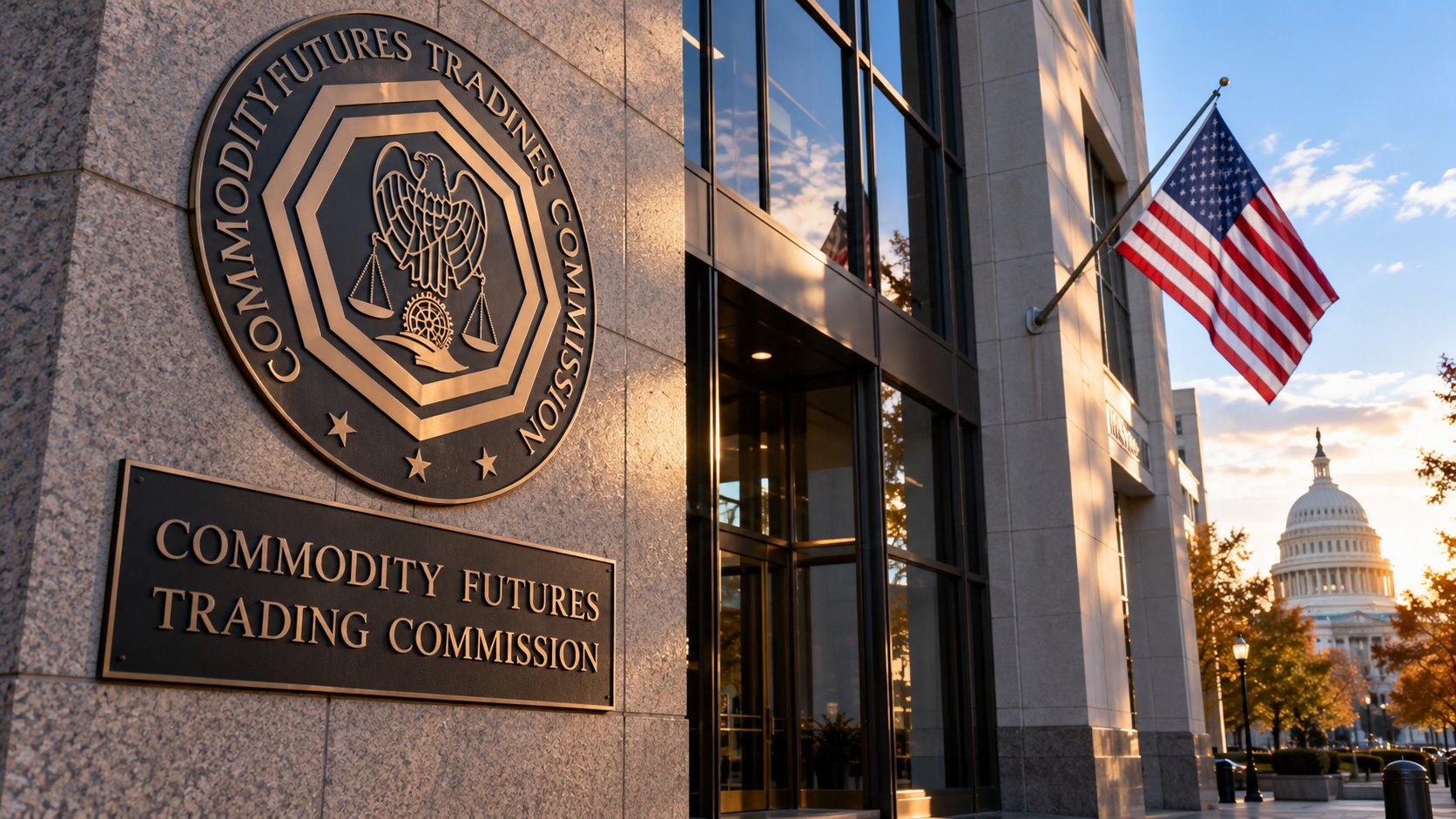 Ilustración editorial generada con IA: la fachada de un edificio con el sello y el nombre de la Commodity Futures Trading Commission (CFTC), una bandera de Estados Unidos y la cúpula del Capitolio al fondo; composición conceptual, no es una fotografía documental.